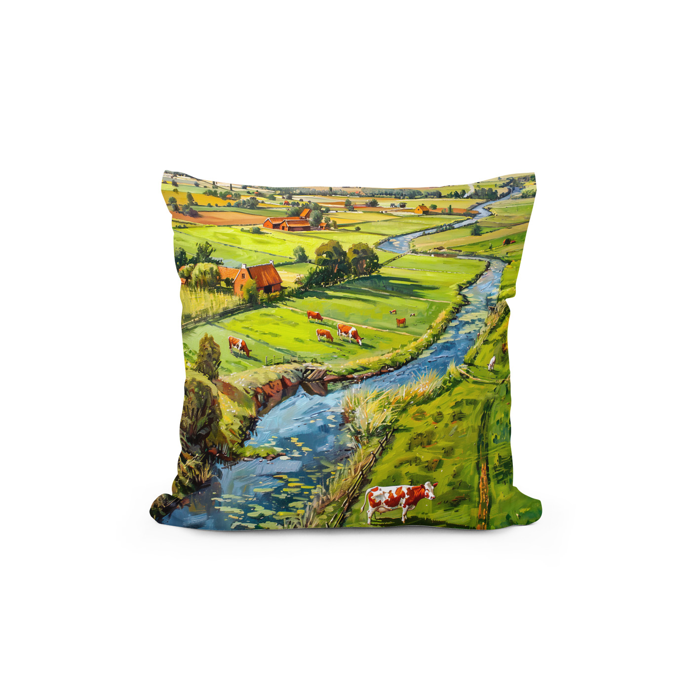 Kissen: Countryside with Cows and Stream Fantasy Painting – Image 2