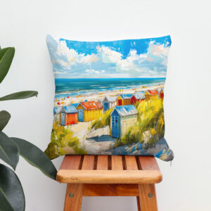 Kissen: Beach Huts by the Sea in Holland Painting