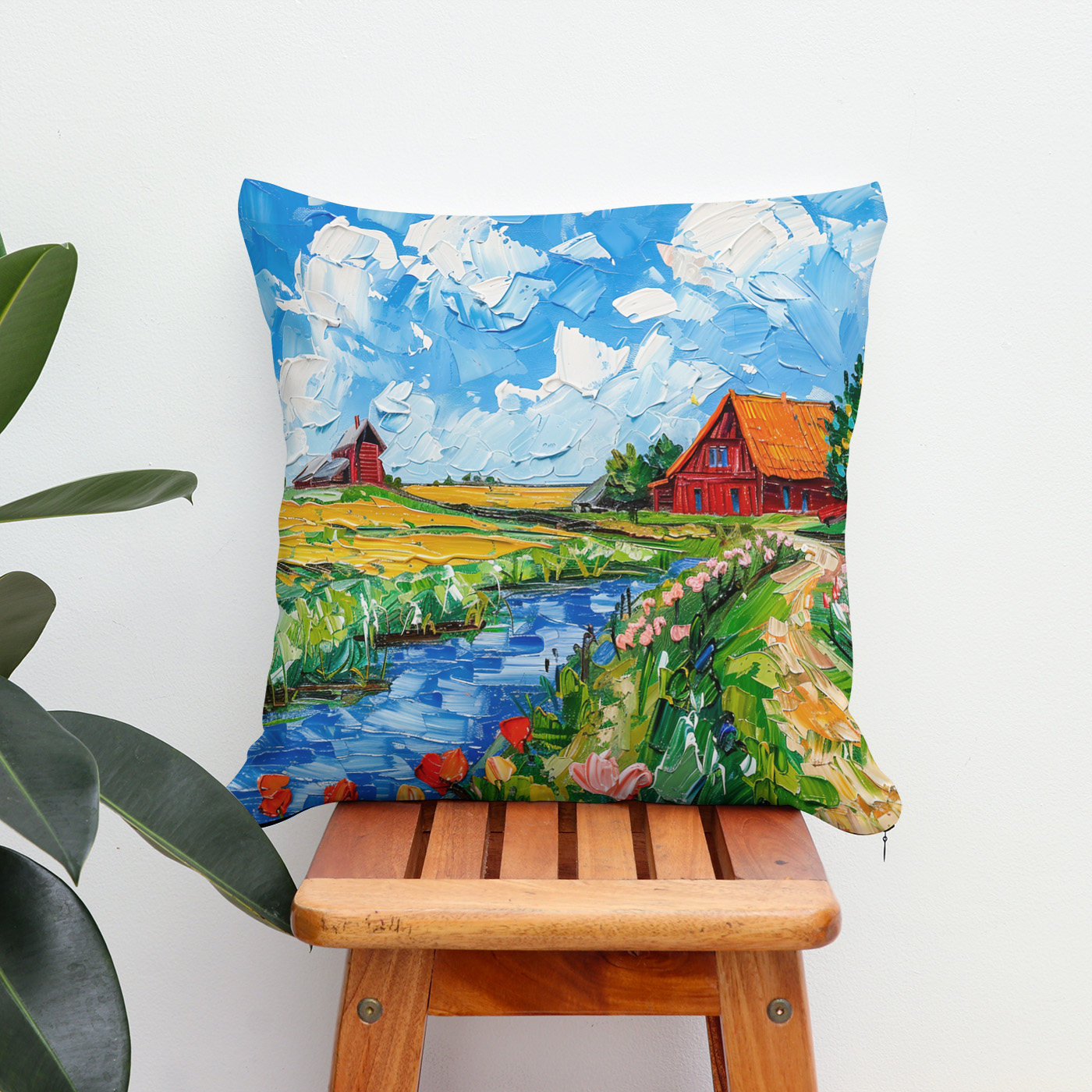 Kissen: Tulip Fields with Barn and Stream Fantasy Painting
