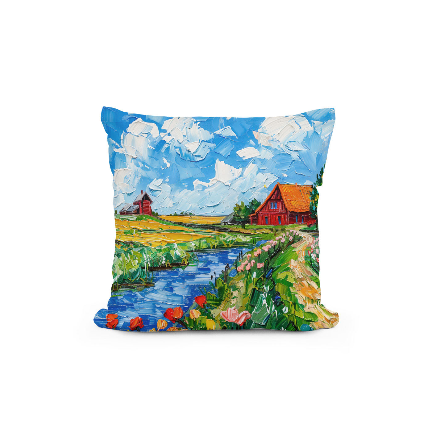 Kissen: Tulip Fields with Barn and Stream Fantasy Painting – Bild 2