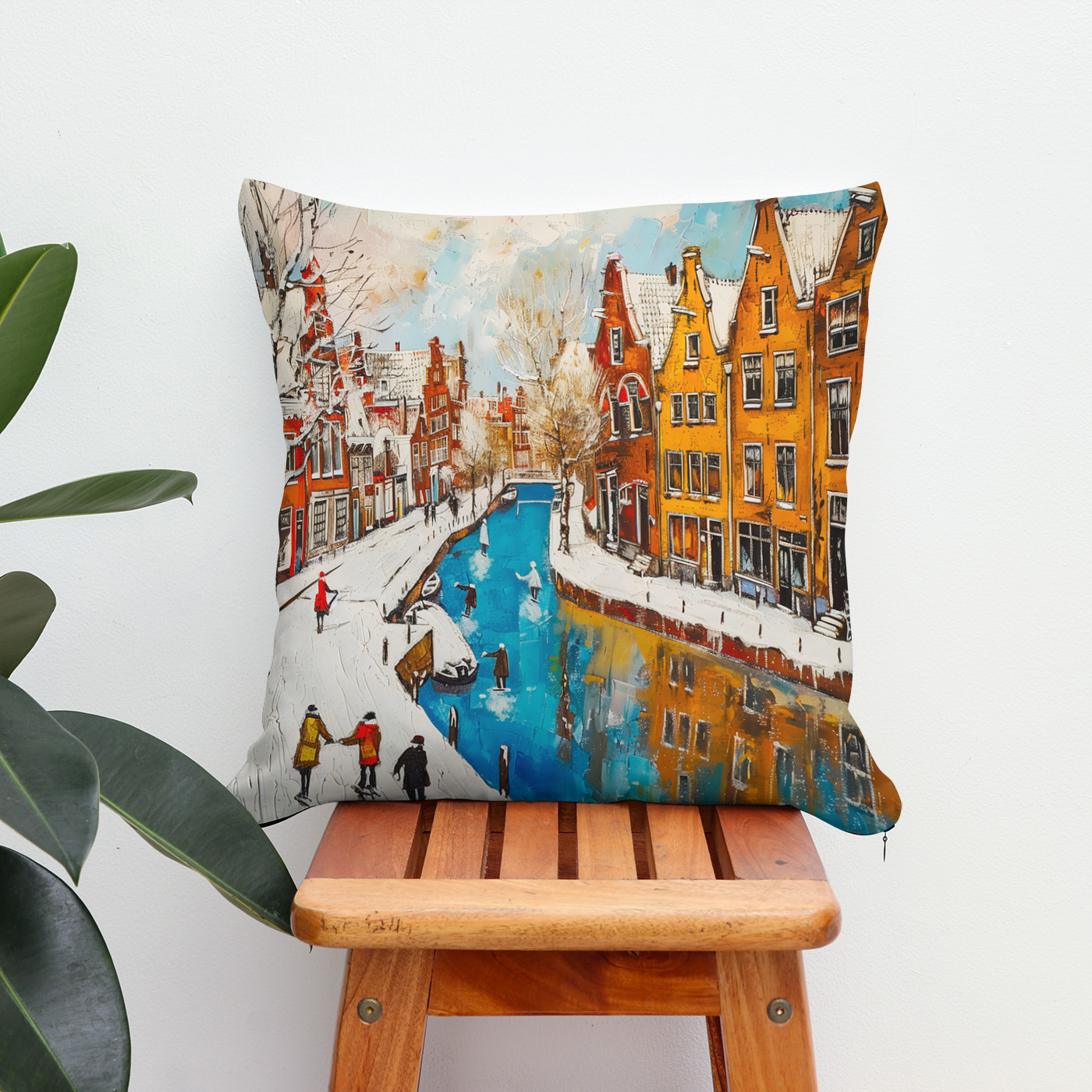 Kissen: Winter Canal with Snowy Streets and Colorful Houses Painting - immagine 2