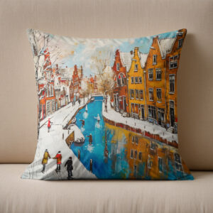 Kissen: Winter Canal with Snowy Streets and Colorful Houses Painting