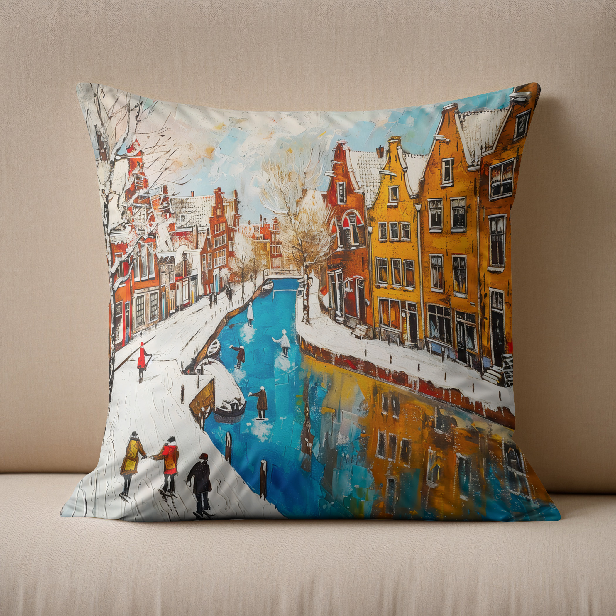 Kissen: Winter Canal with Snowy Streets and Colorful Houses Painting