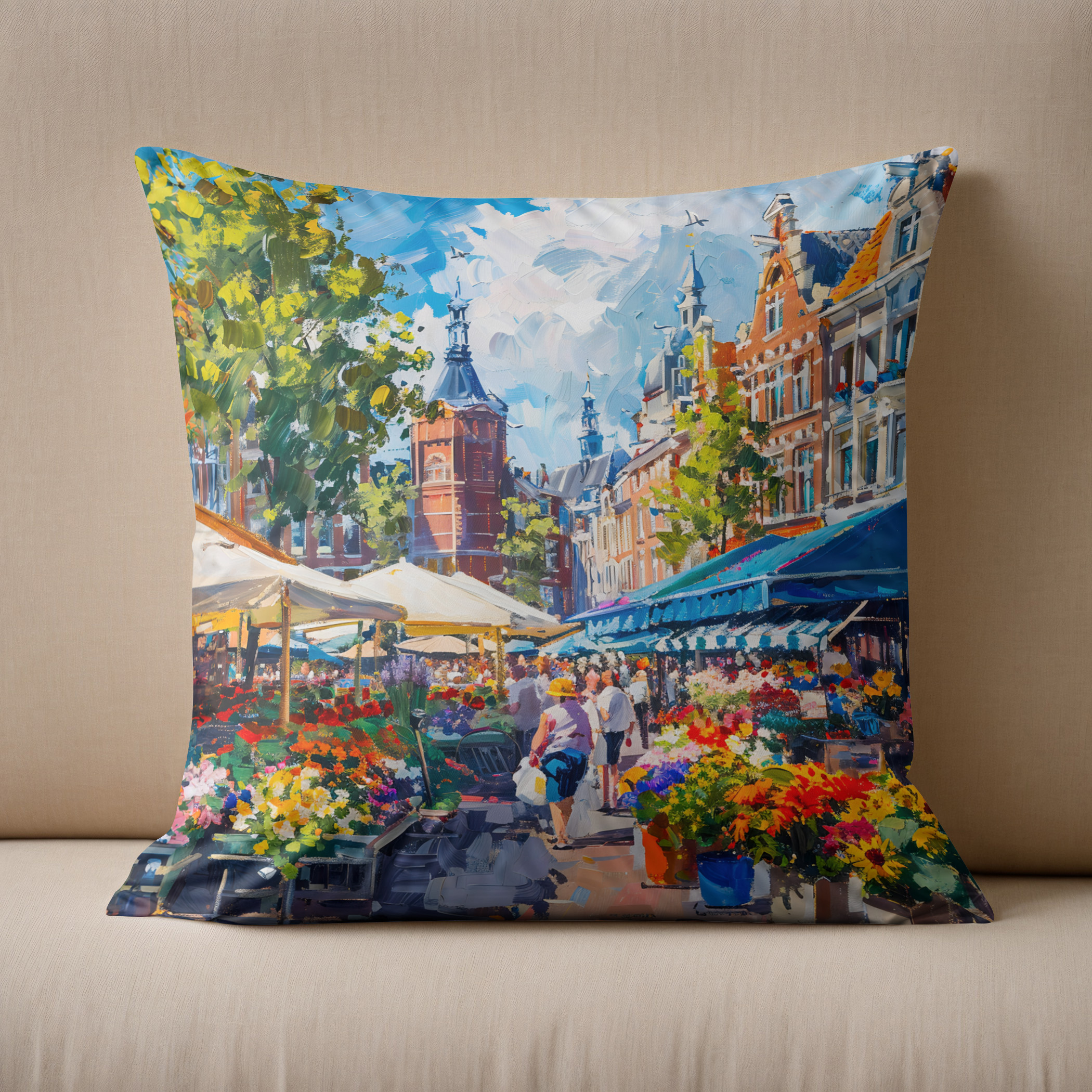 Kissen: Flower Market with Historic Buildings Fantasy Painting