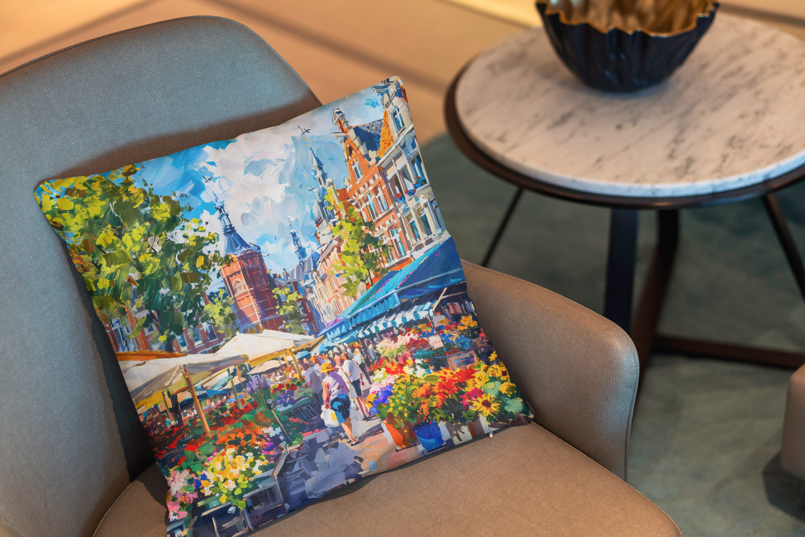 Kissen: Flower Market with Historic Buildings Fantasy Painting – Bild 2