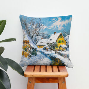 Kissen: Snowy Village with Stream and Trees Fantasy Painting