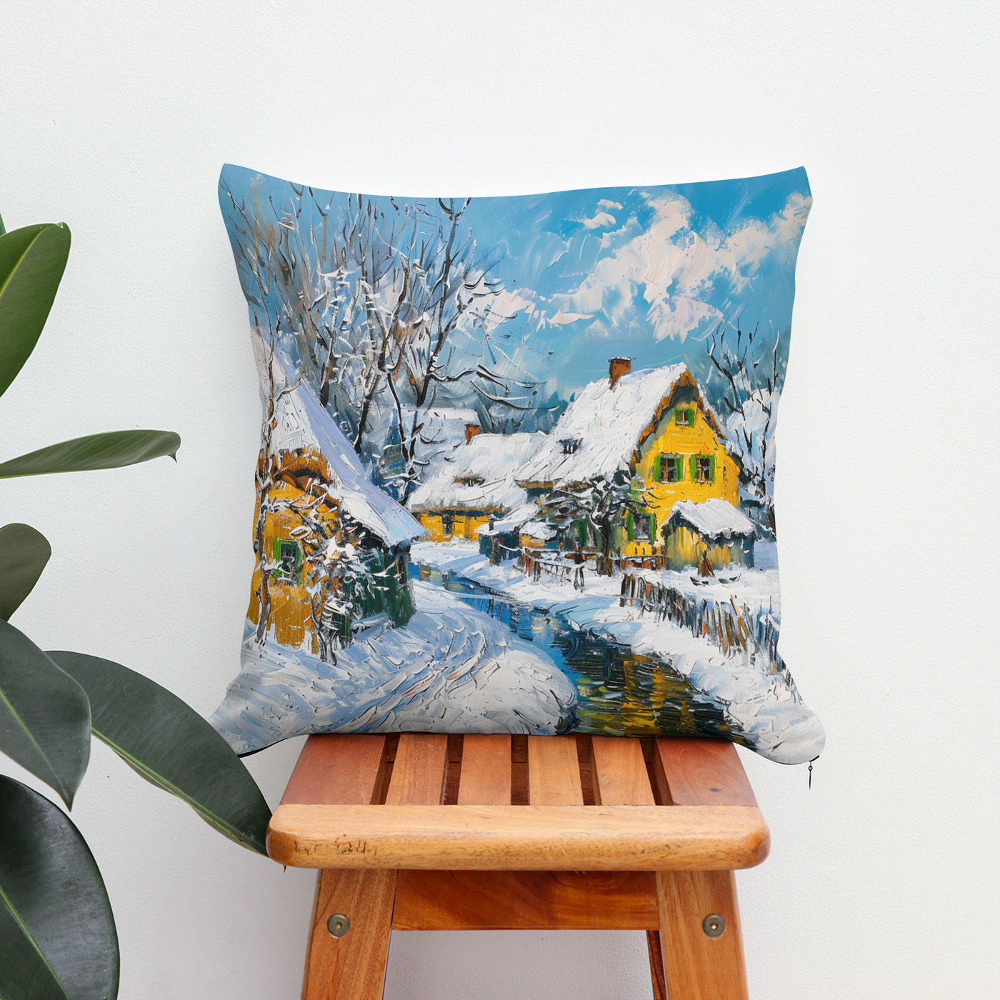 Kissen: Snowy Village with Stream and Trees Fantasy Painting