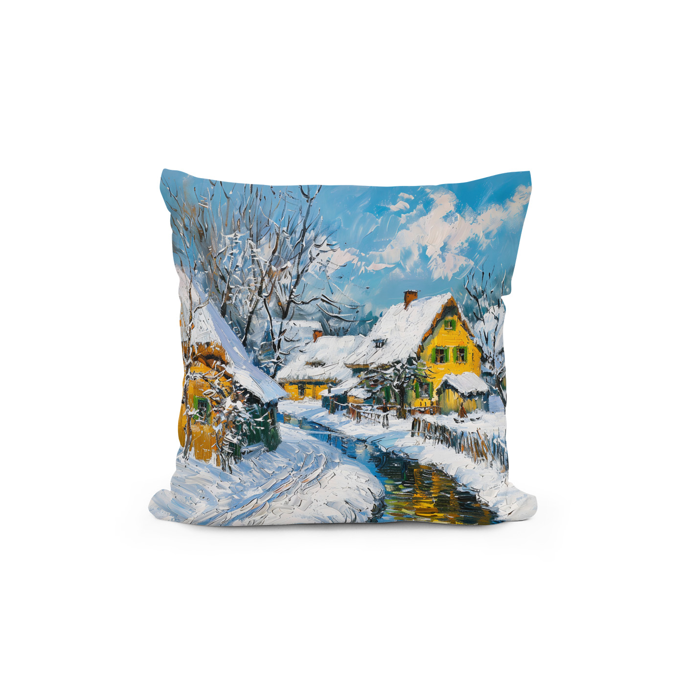 Kissen: Snowy Village with Stream and Trees Fantasy Painting – Bild 2