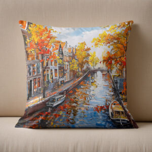 Kissen: Autumn Canal with Boats and Colorful Houses Painting