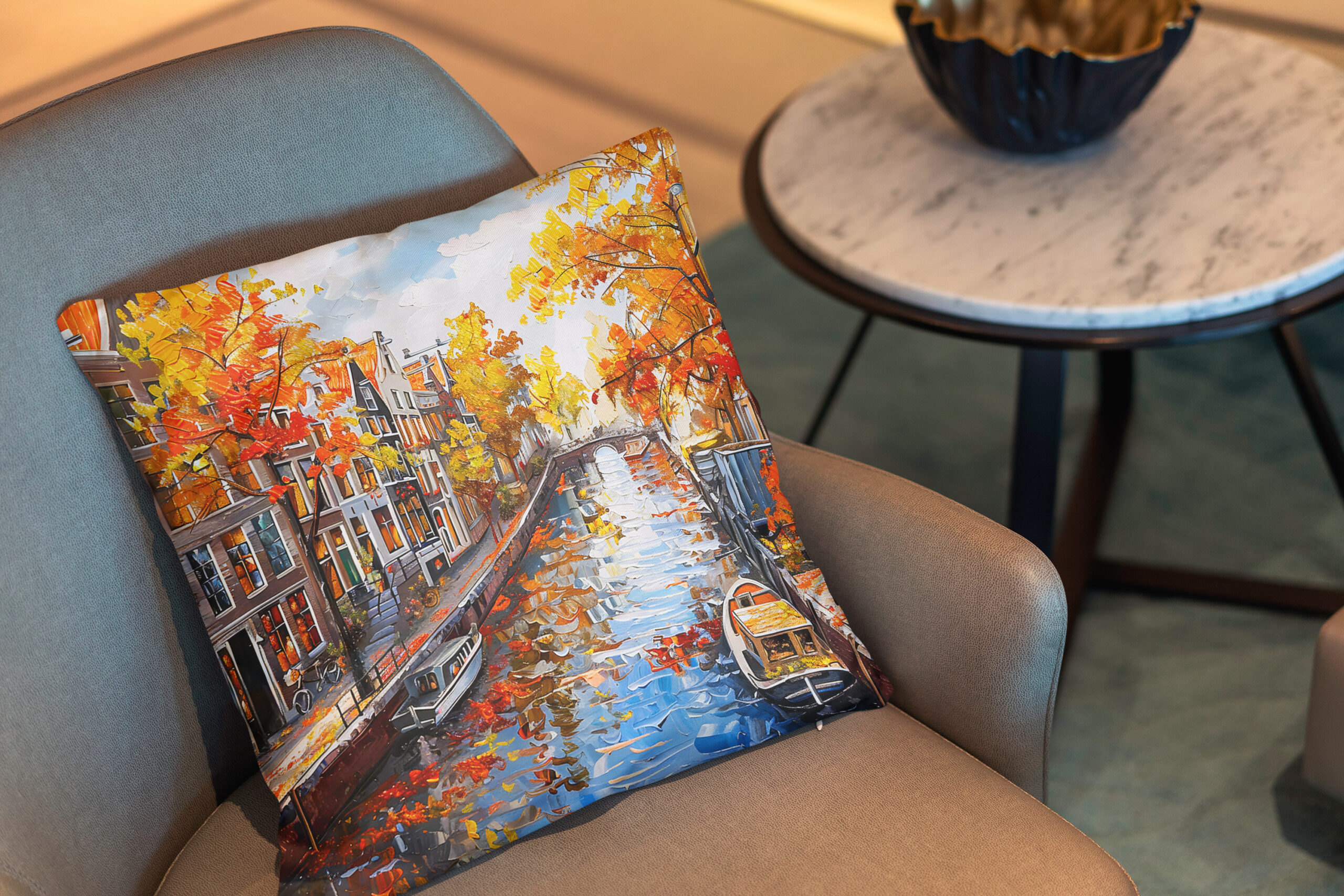 Kissen: Autumn Canal with Boats and Colorful Houses Painting - Image 2