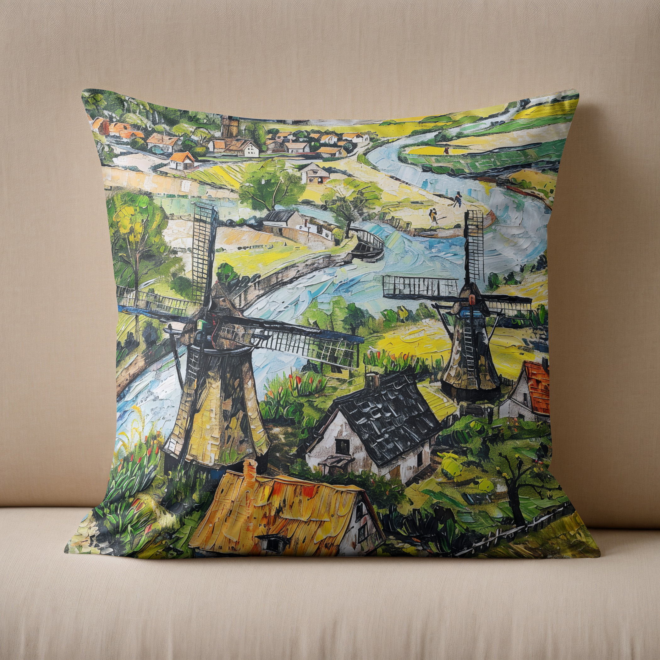 Kissen: Windmills and Church by River Fantasy Painting