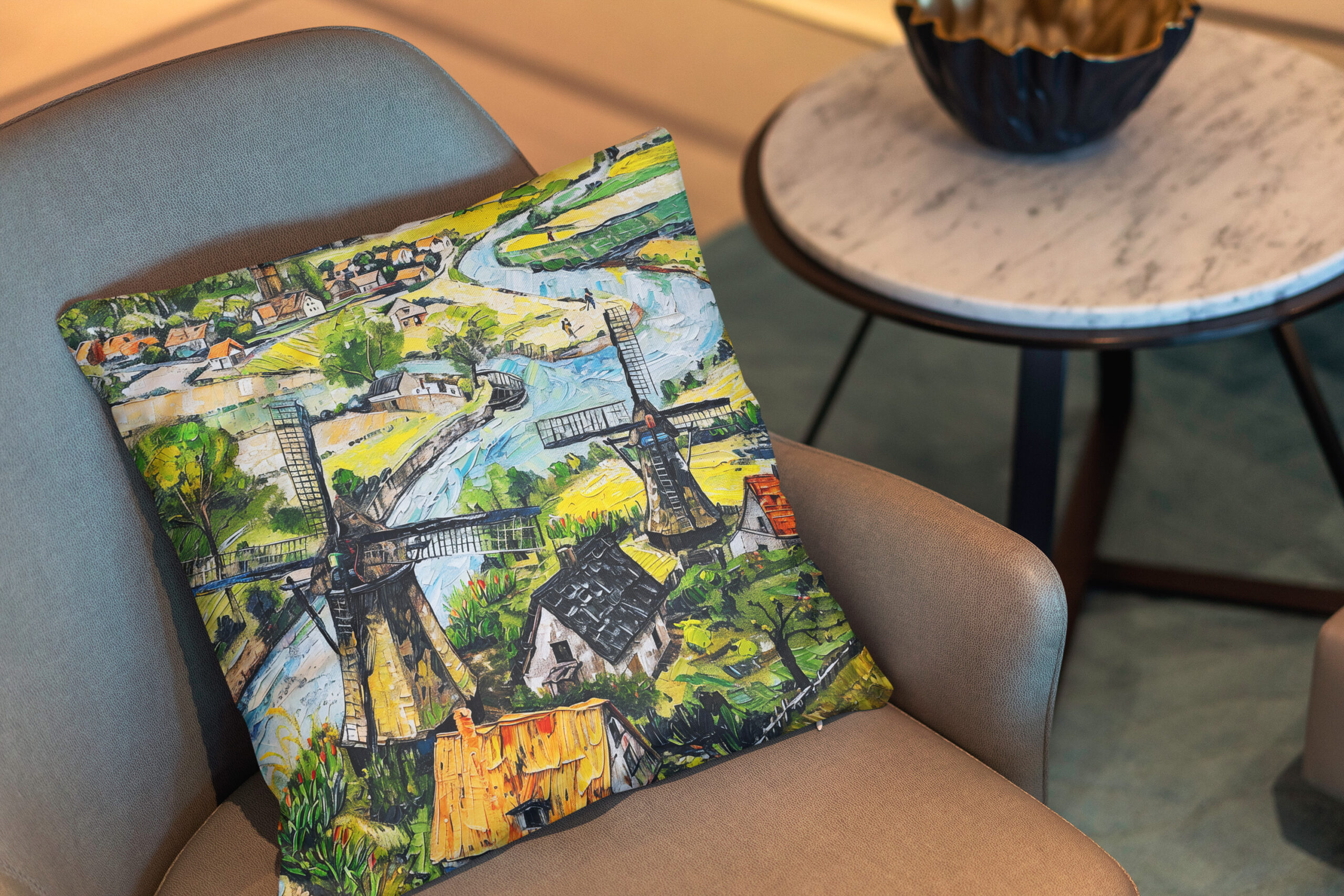 Kissen: Windmills and Church by River Fantasy Painting - immagine 2