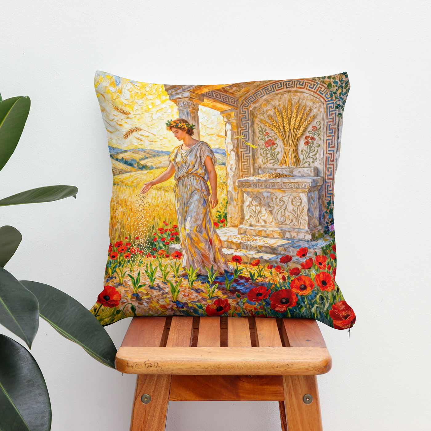 Kissen: Demeter Sowing Grain by Field Altar Among Poppies and Ripe Wheat