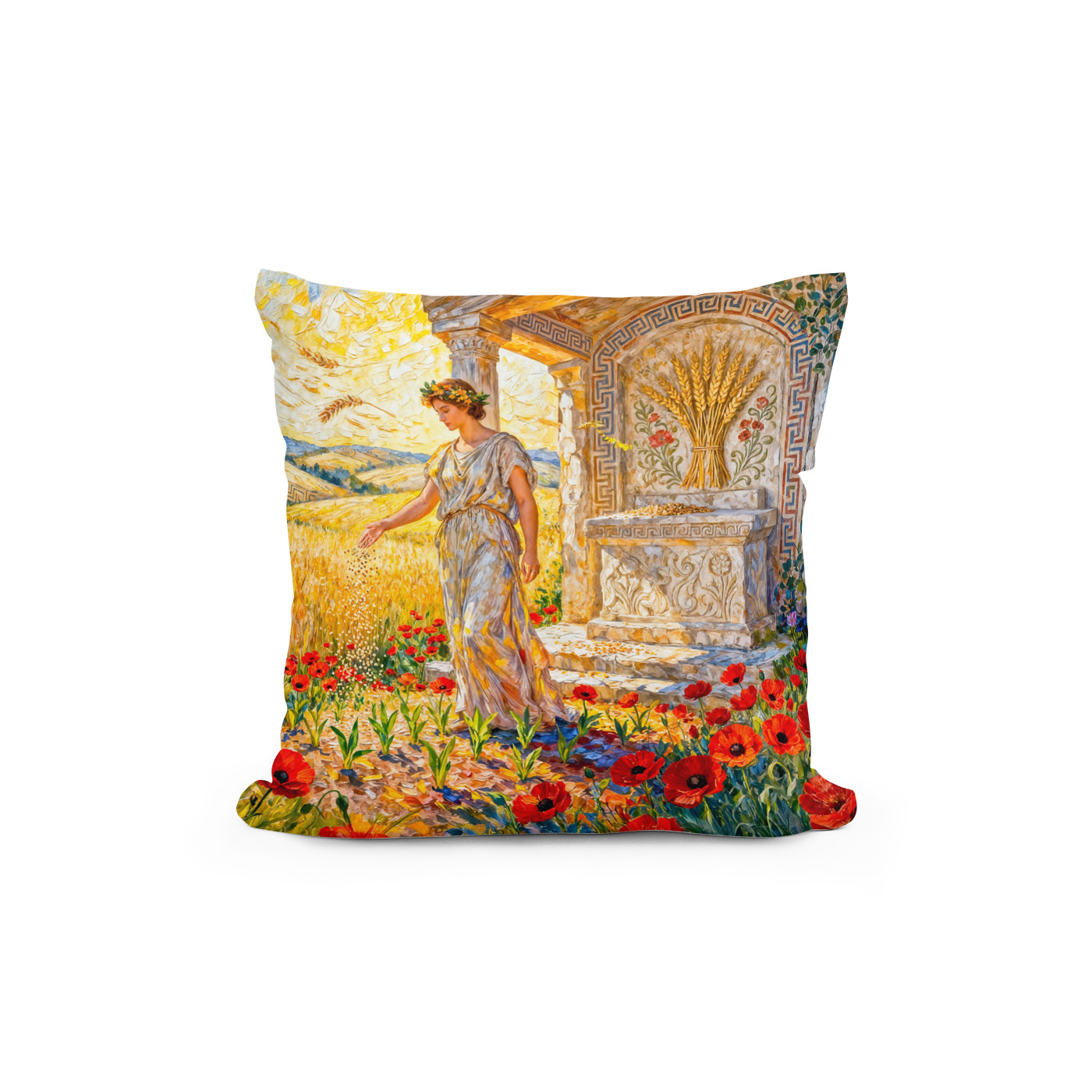 Kissen: Demeter Sowing Grain by Field Altar Among Poppies and Ripe Wheat – Bild 2