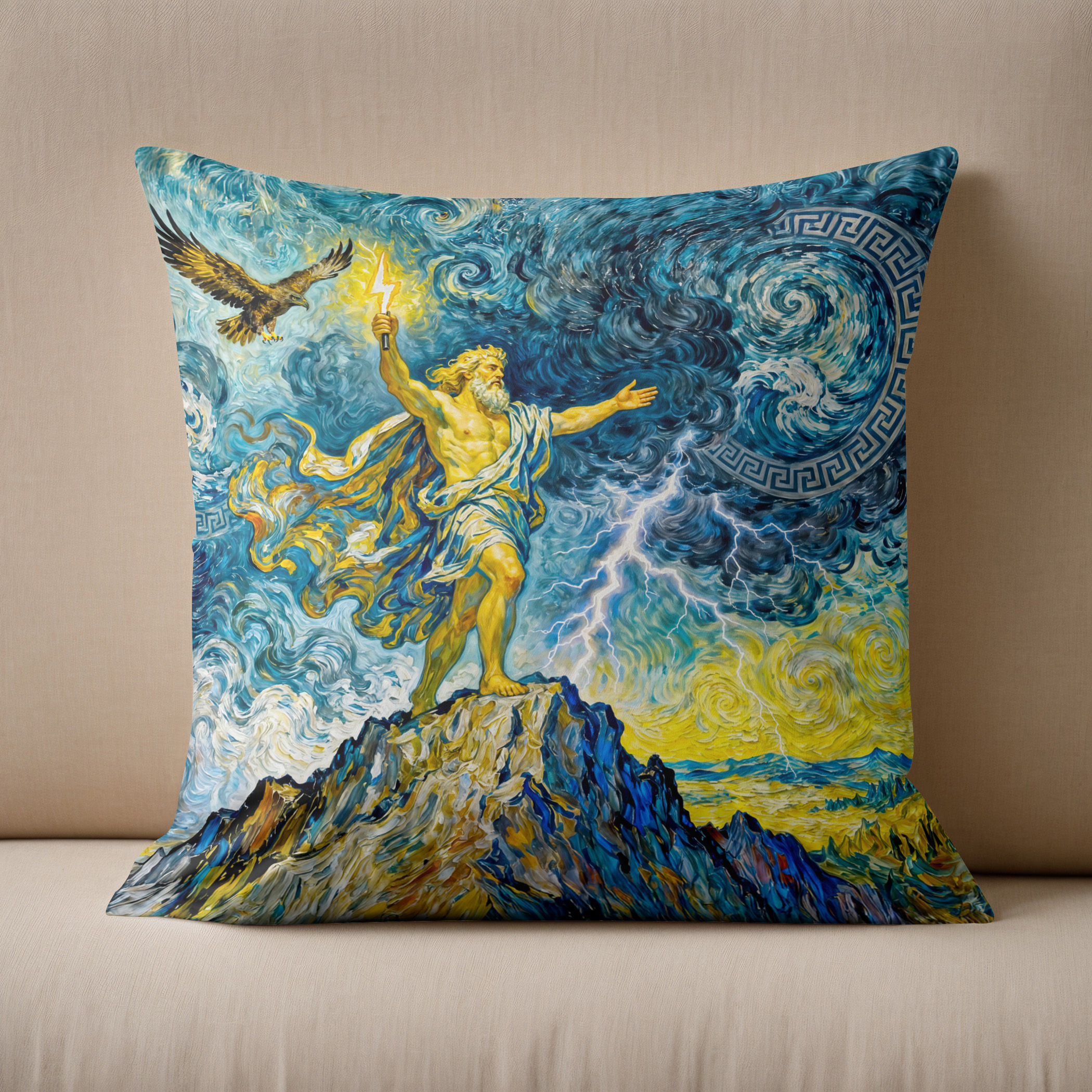 Kissen: Zeus on Stormy Rocks with Lightning Bolt and Eagle Above