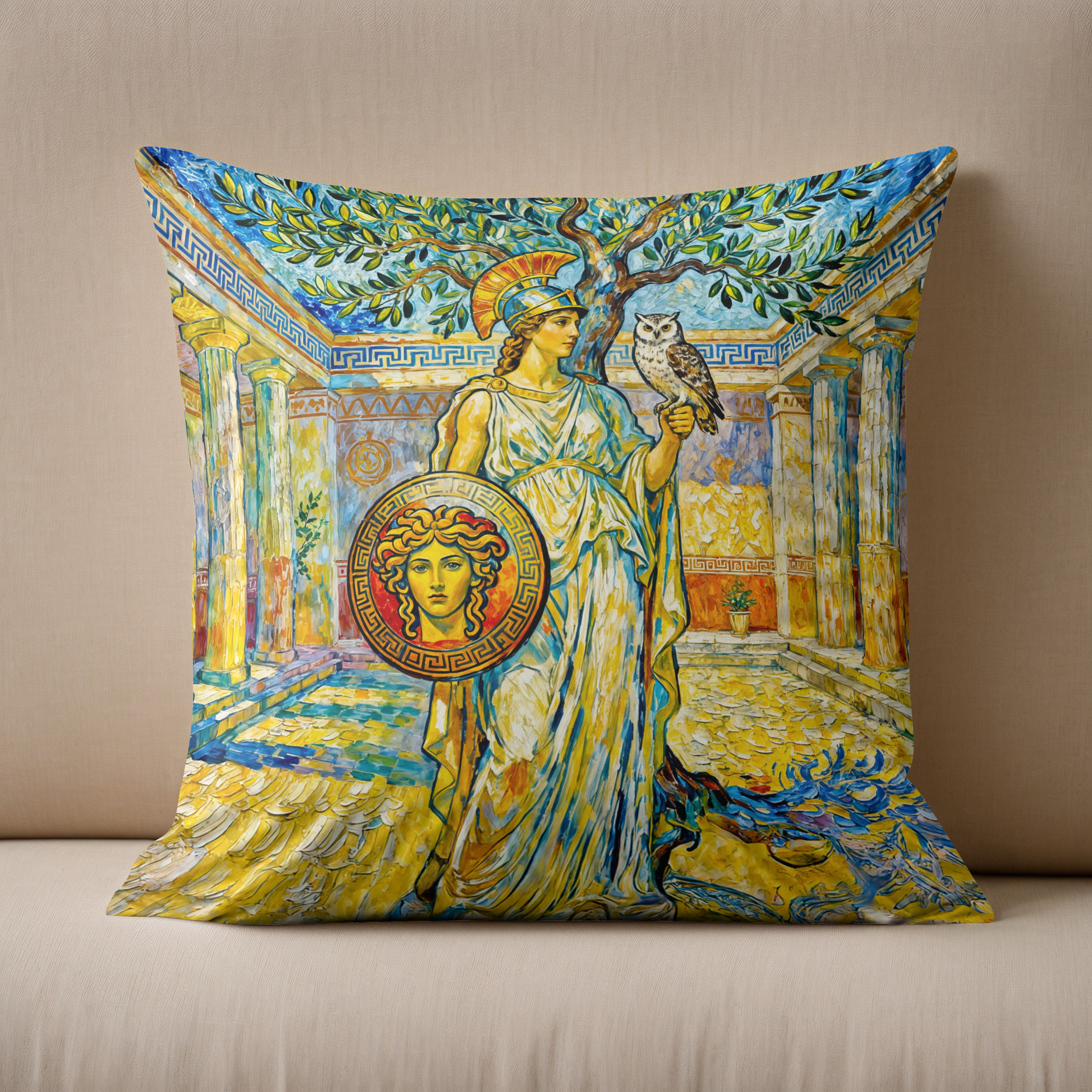 Kissen: Athena with Owl and Shield by Olive Tree in Temple Courtyard
