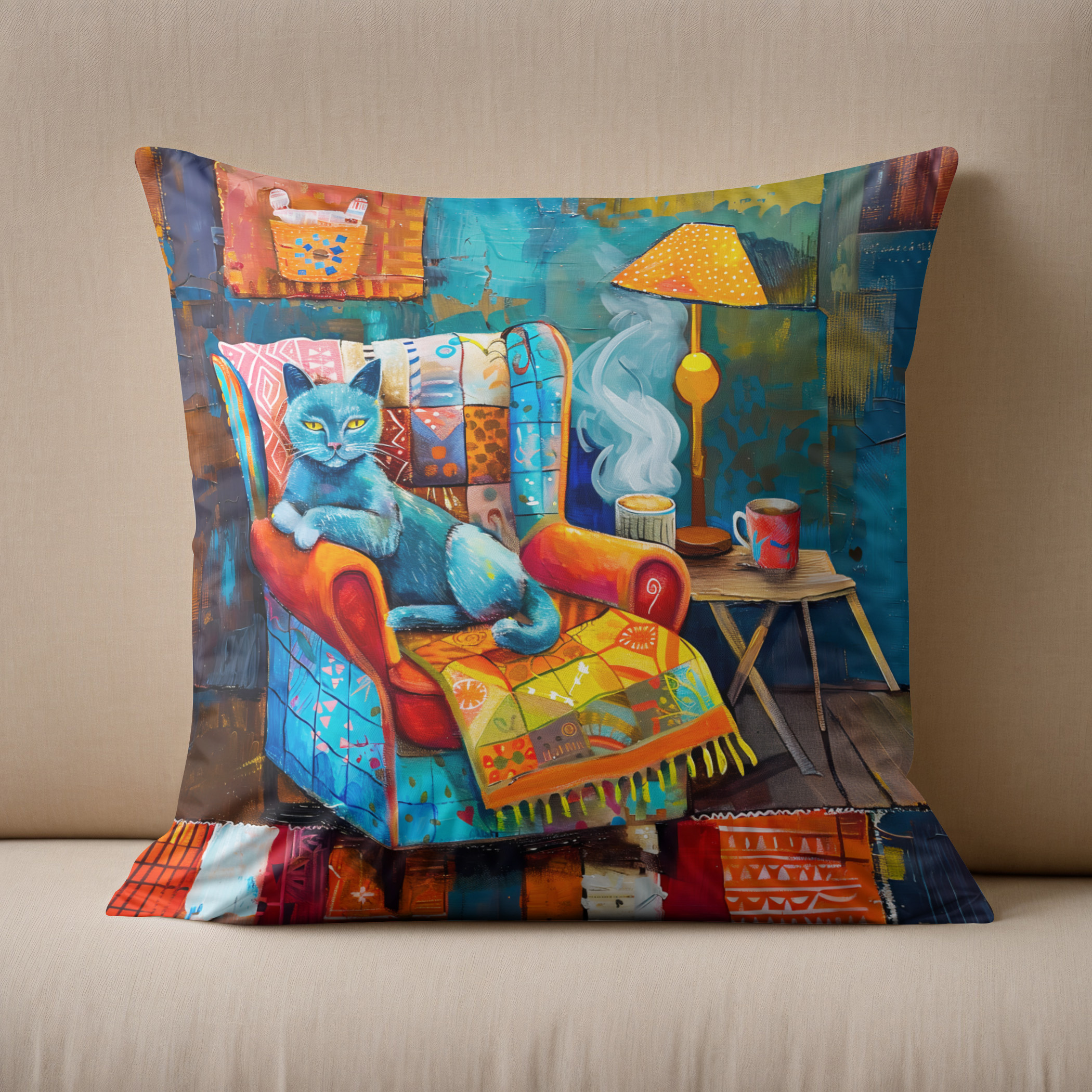 Kissen: Cartoon Cozy Cat in Armchair