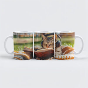 raxxa Premium-Tasse: Cat reading book on knitted blanket