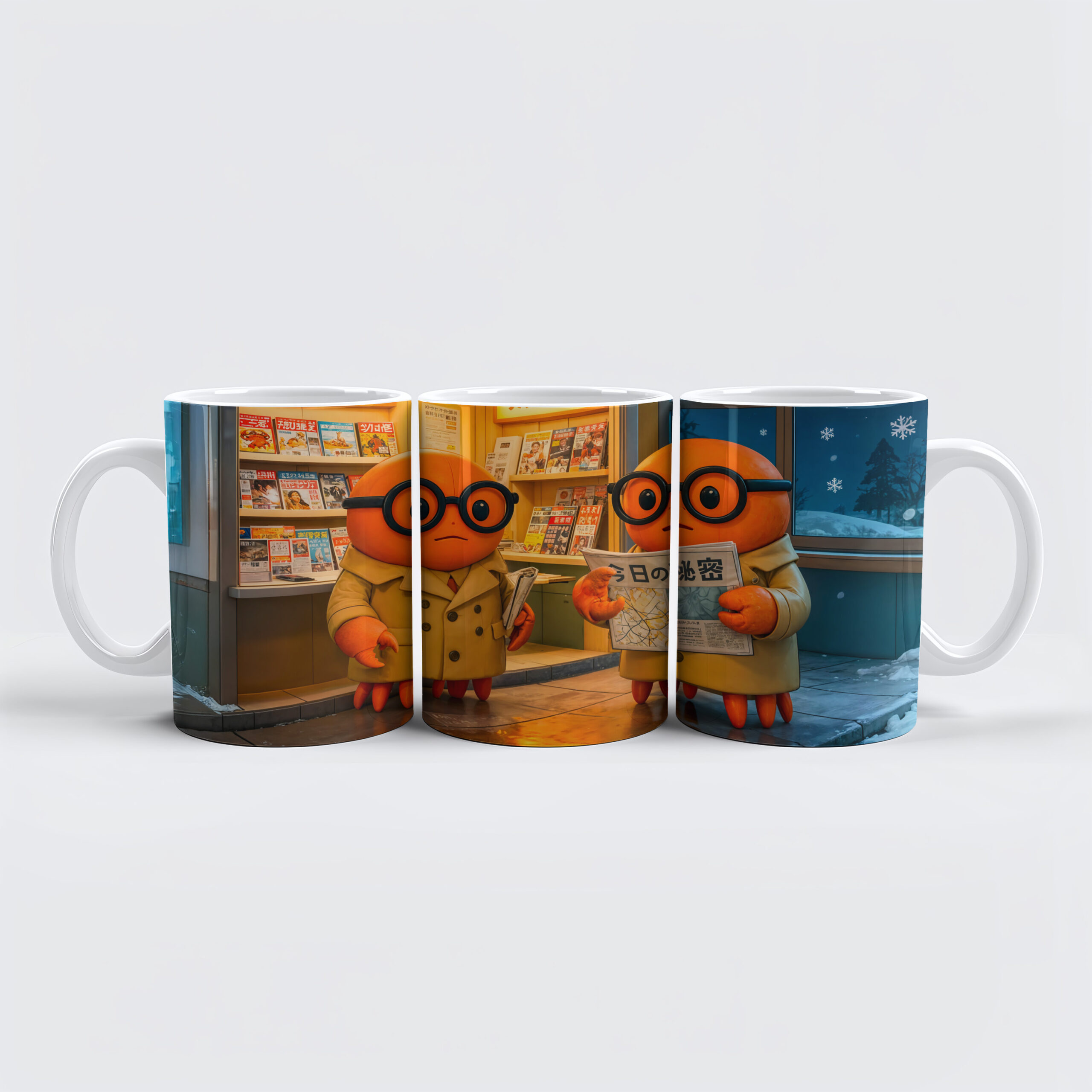 raxxa Premium-Tasse: Spy Crabs Investigating Colorful Japanese Newsstand Scene