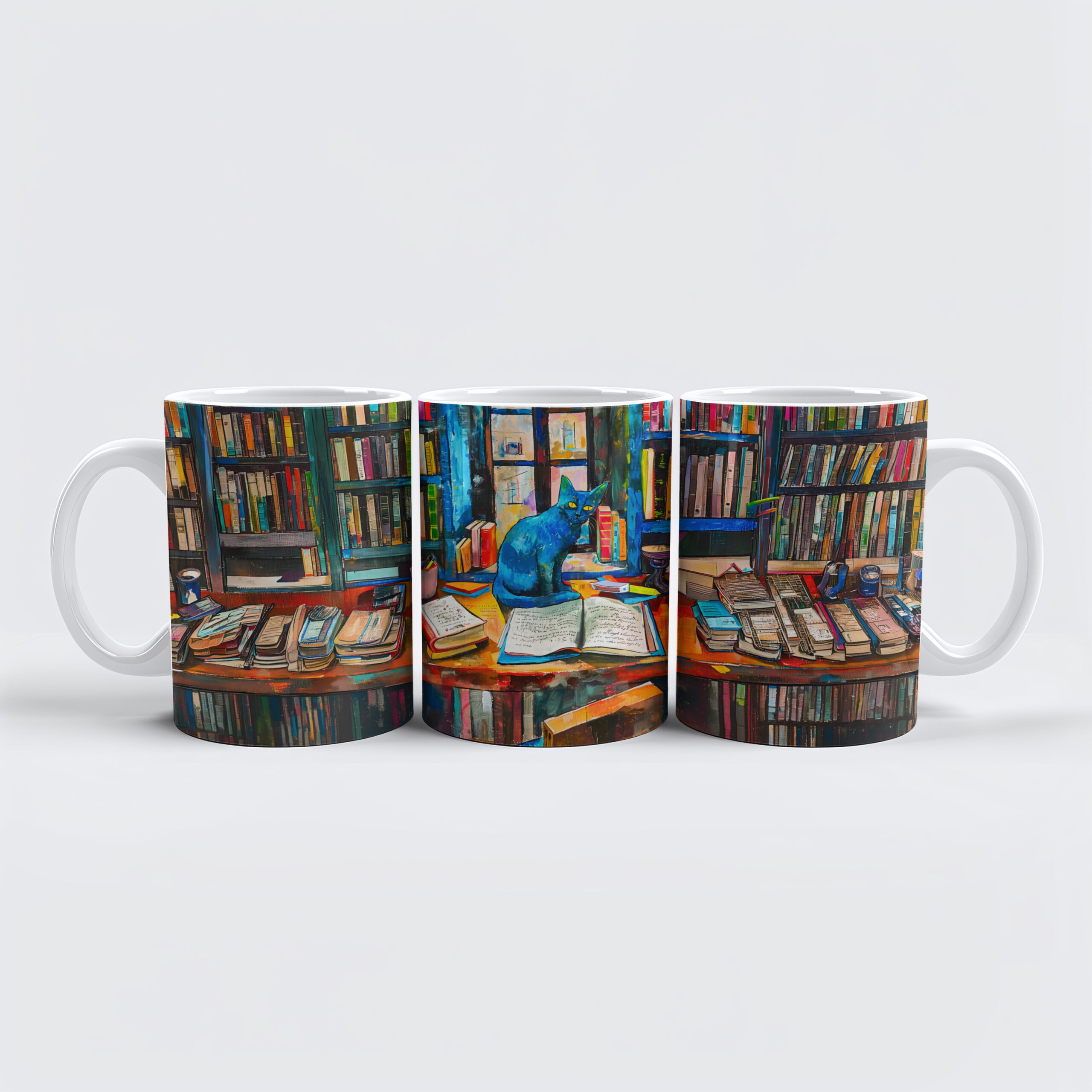 raxxa Premium-Tasse: Cat sitting Among Open Books on table