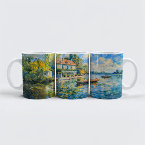 raxxa Premium-Tasse: Impressionist Garden Art Mug Lakeside House with Boats