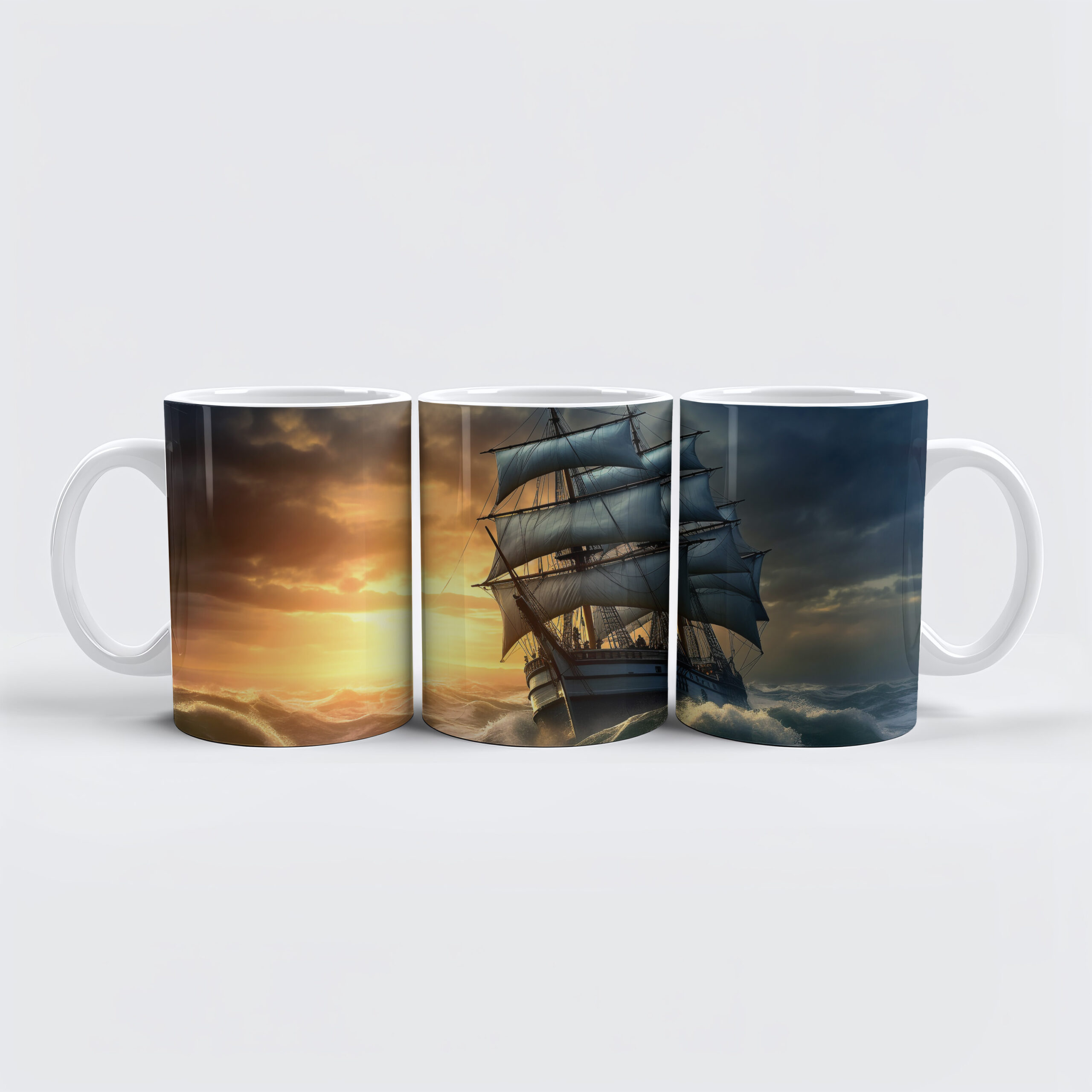 raxxa Premium-Tasse: Segelschiff in hohen Wellen am Abend
