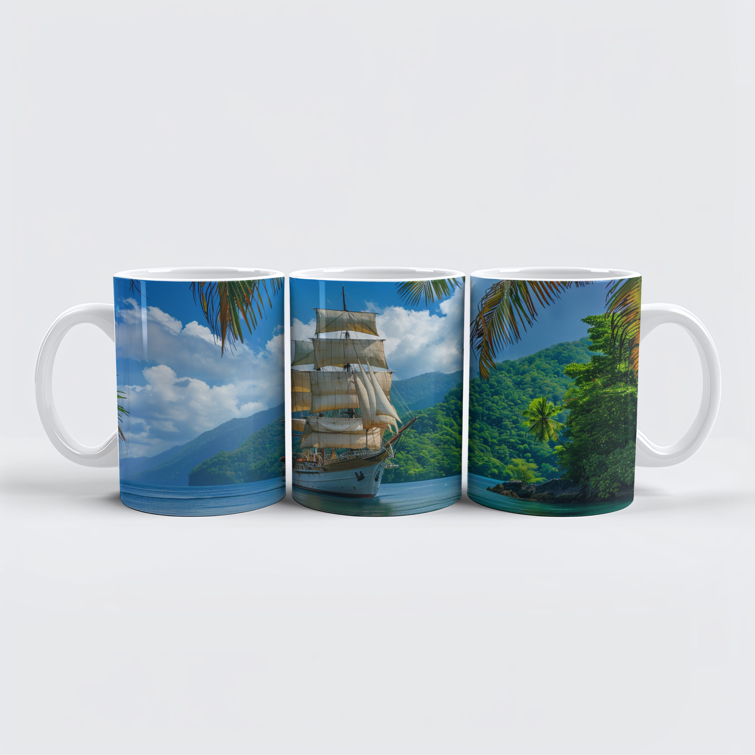 raxxa Premium-Tasse: Historisches Segelschiff unter Palmen