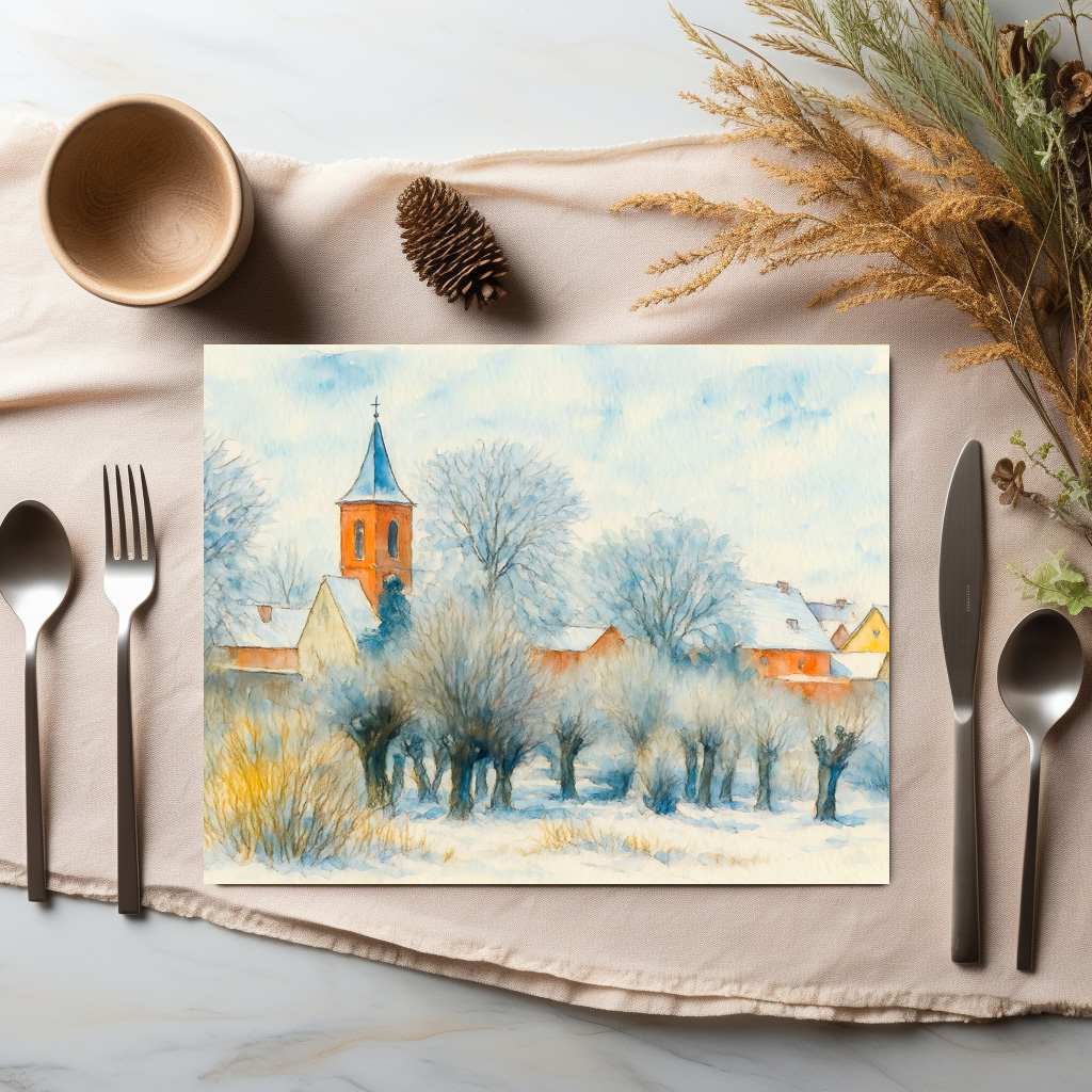 raxxa Premium-Tischset: Winter Village Scene in Aquarell Havelland