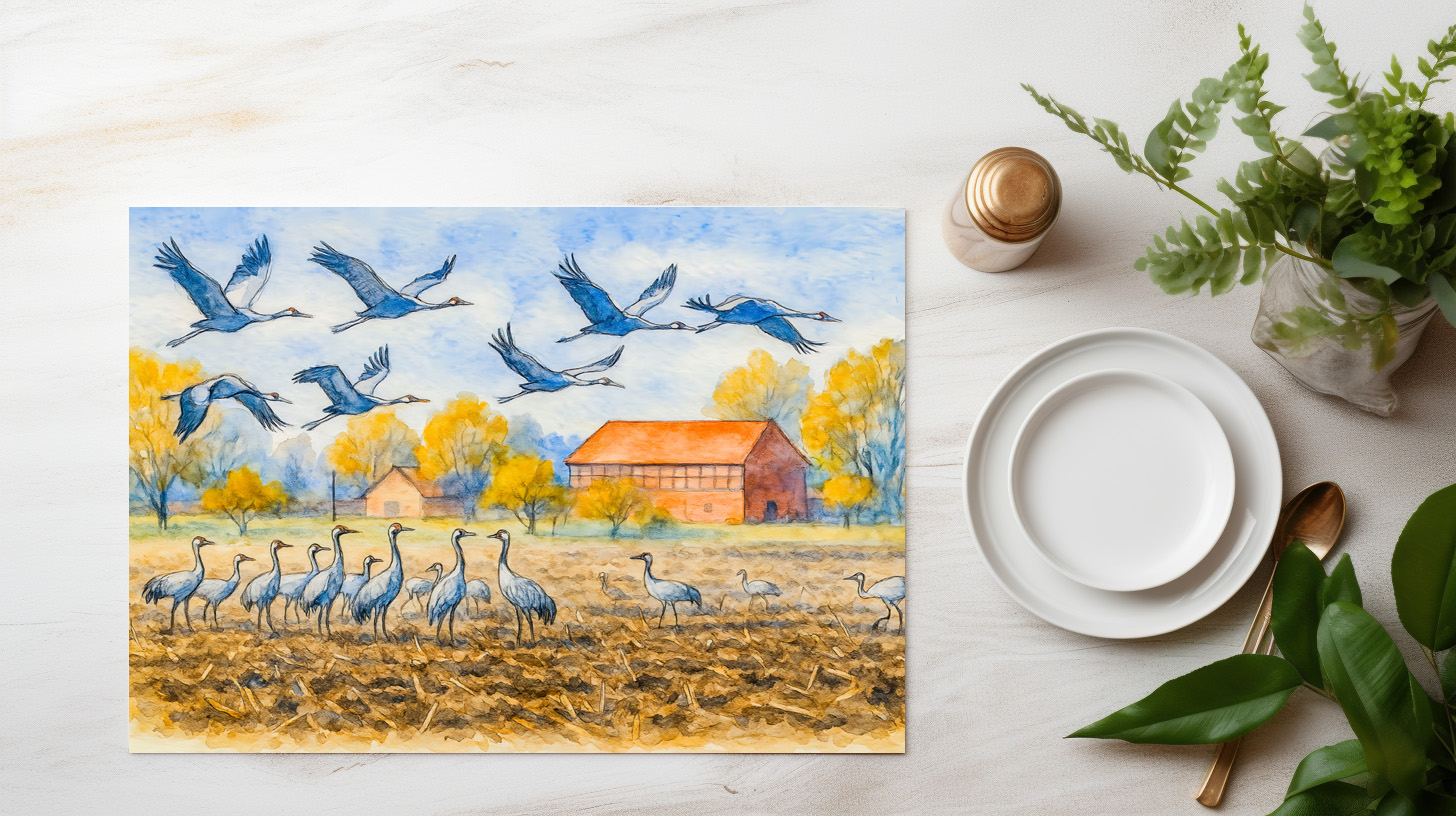 raxxa Premium-Tischset: Crane in field rhinow aquarell havelland – Image 2