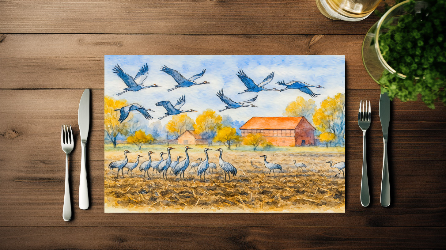 raxxa Premium-Tischset: Crane in field rhinow aquarell havelland – Image 3