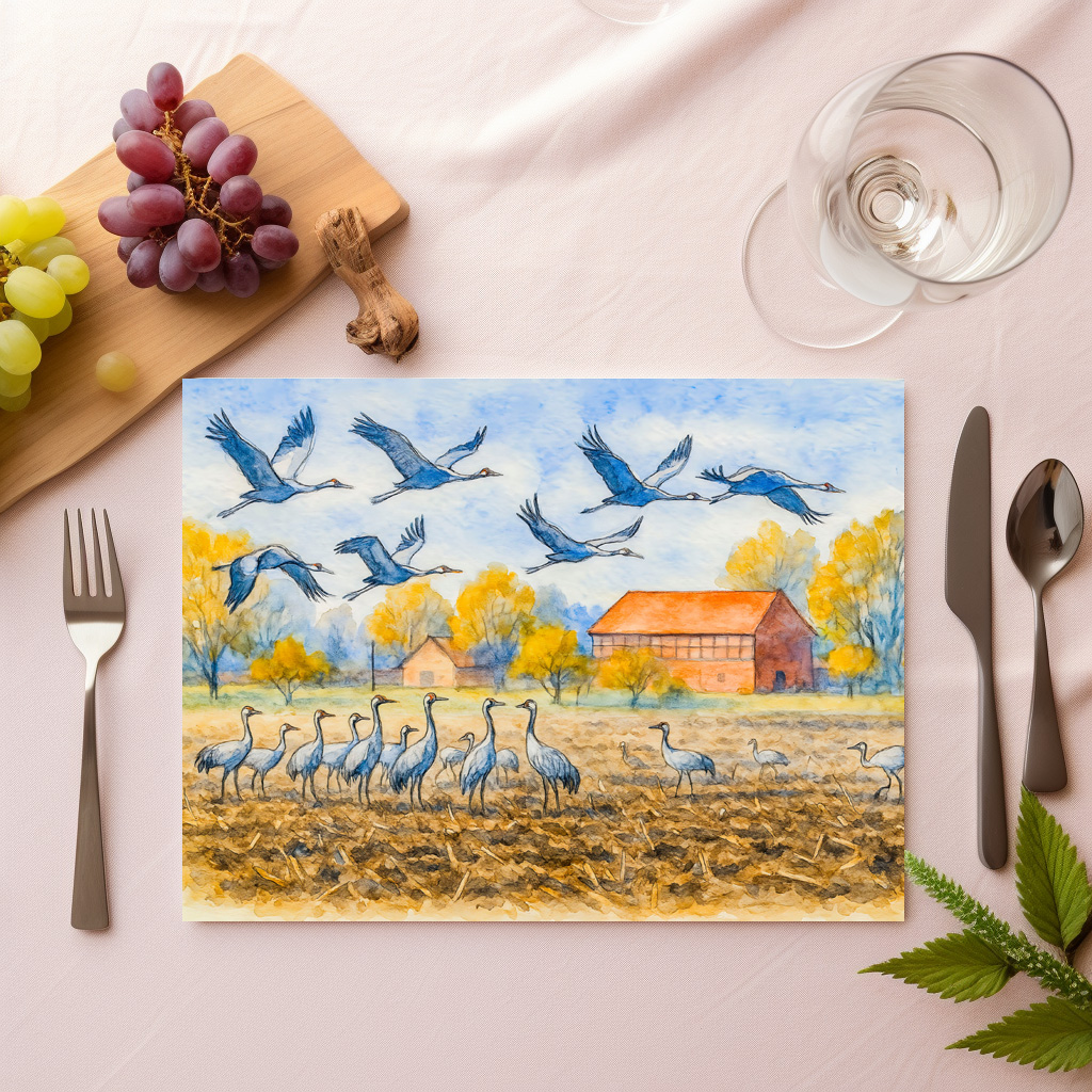 raxxa Premium-Tischset: Crane in field rhinow aquarell havelland