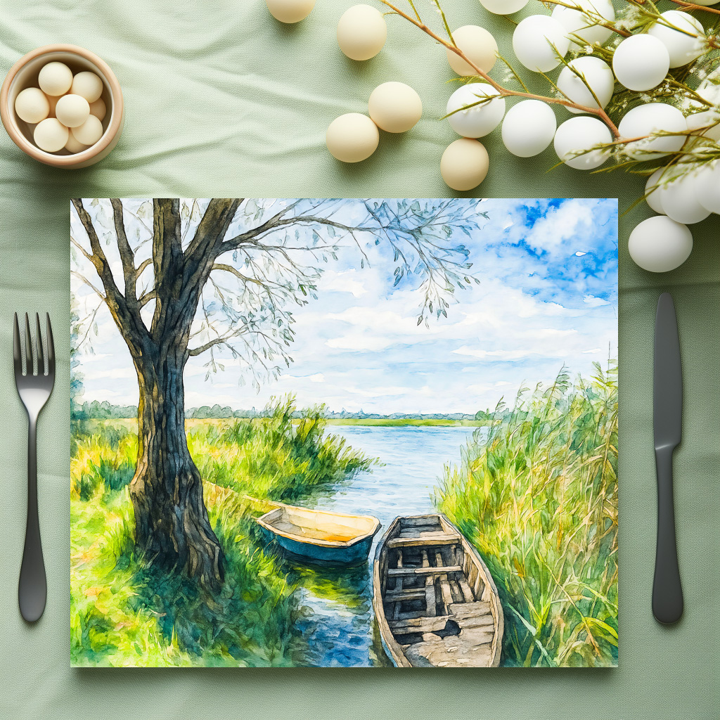 raxxa Premium-Tischset: Willow boats calm river aquarell havelland
