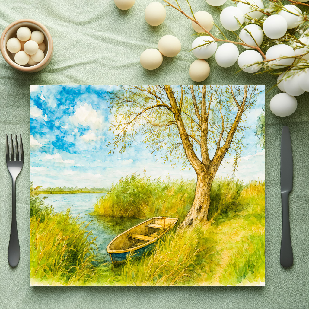 raxxa Premium-Tischset: Boat under willow ar river aquarell havelland style