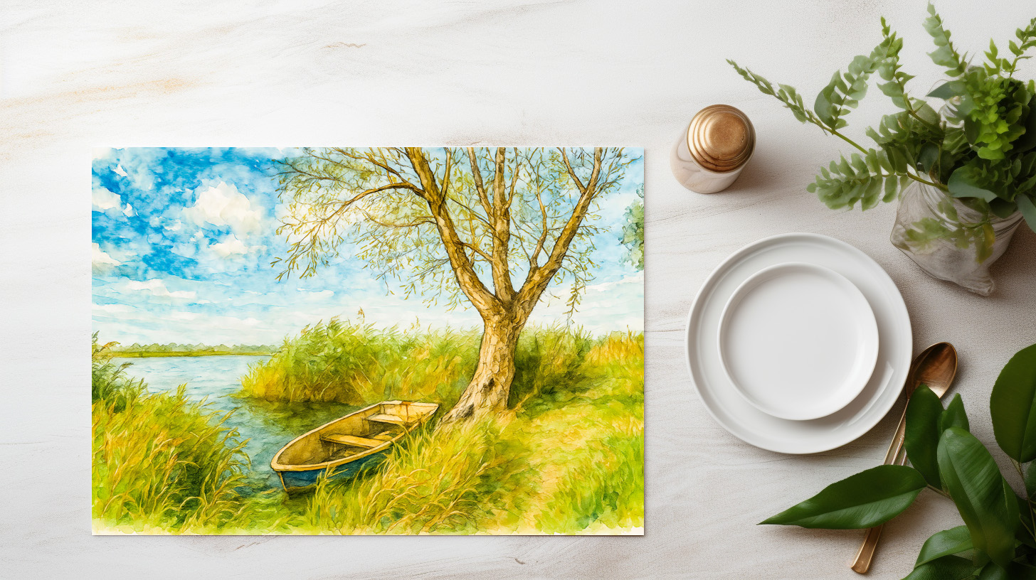 raxxa Premium-Tischset: Boat under willow ar river aquarell havelland style - immagine 2