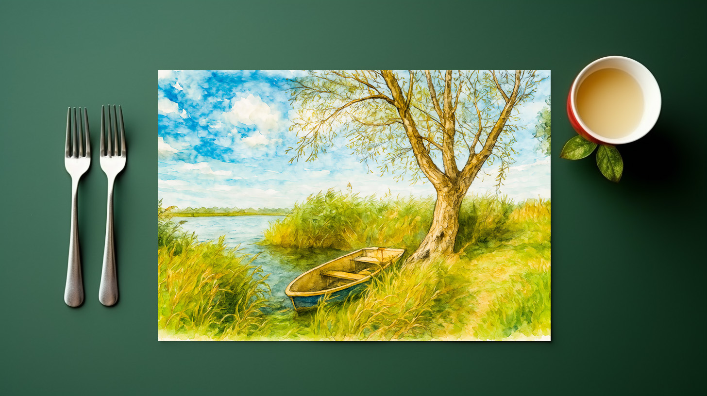 raxxa Premium-Tischset: Boat under willow ar river aquarell havelland style - immagine 3