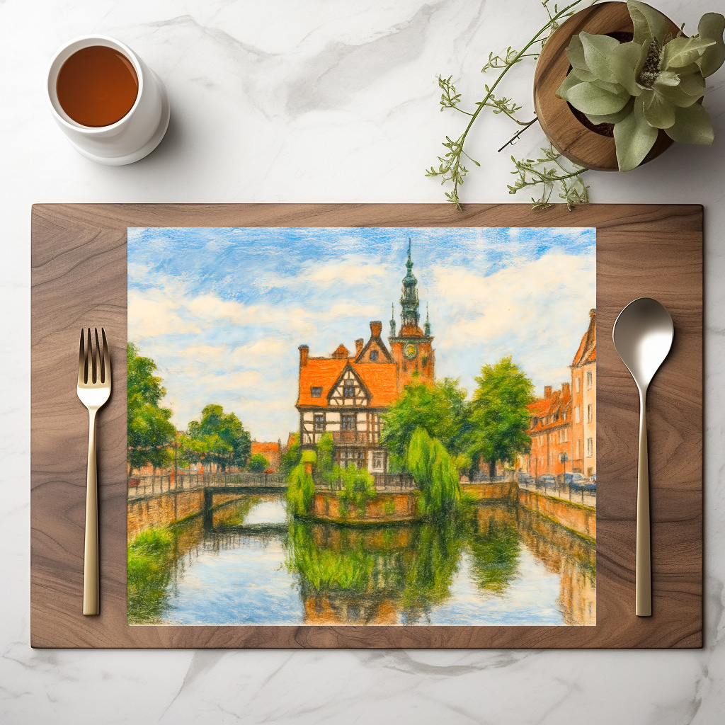 raxxa Premium-Tischset: Pastel drawing of Danzig’ old mill on Radunia Canal