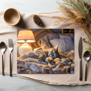 raxxa Premium-Tischset: Cat lounging on couch with blanket and lamp