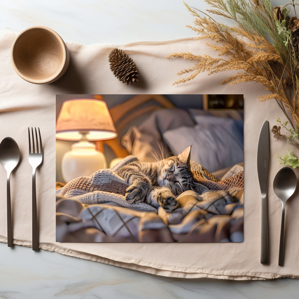 raxxa Premium-Tischset: Cat lounging on couch with blanket and lamp