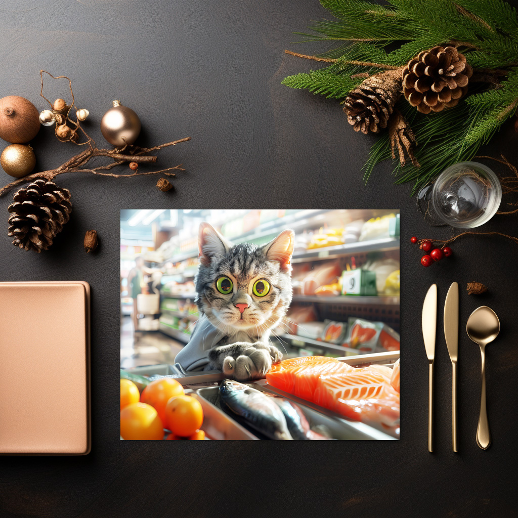 raxxa Premium-Tischset: Cat shopping in grocery store with produce