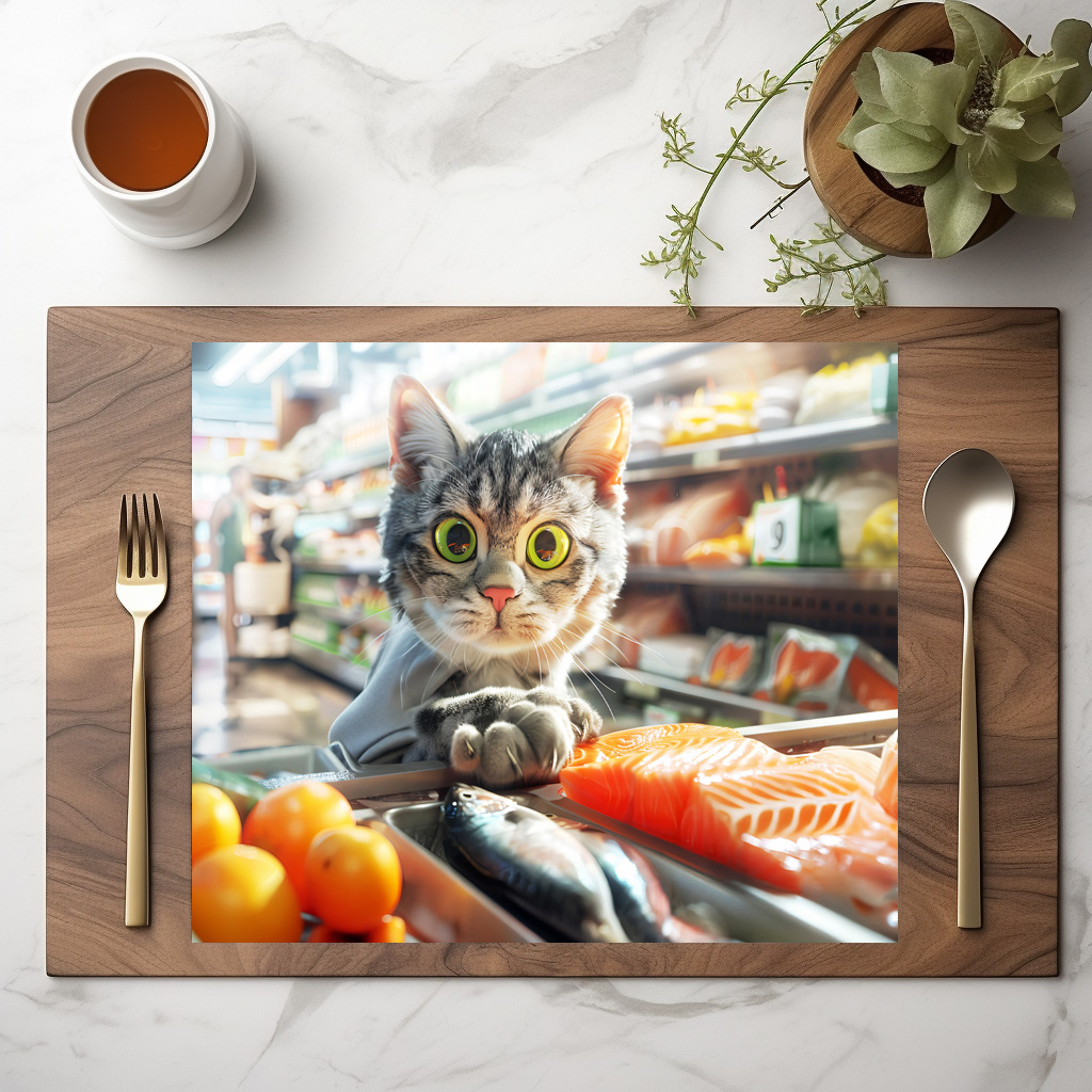 raxxa Premium-Tischset: Cat shopping in grocery store with produce – Image 2