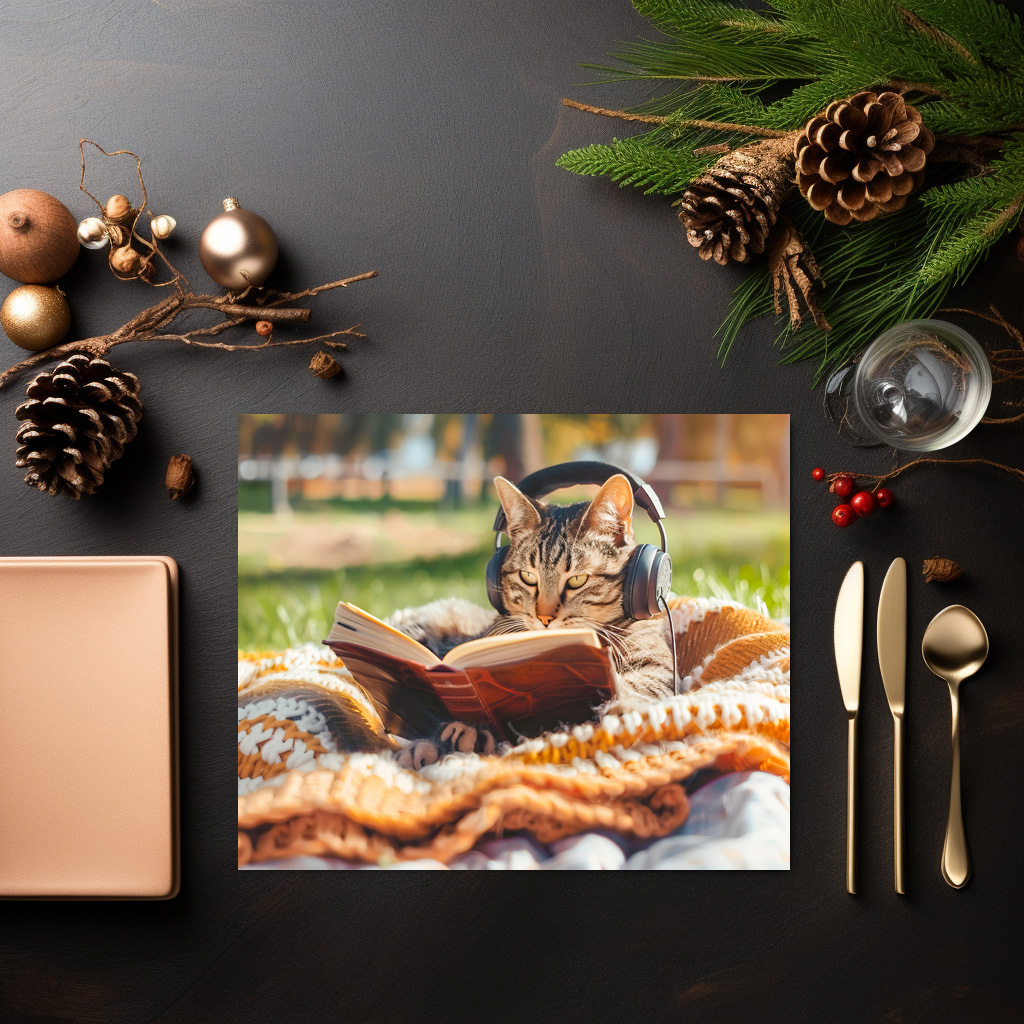 raxxa Premium-Tischset: Cat reading book on knitted blanket – Image 3