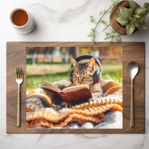 raxxa Premium-Tischset: Cat reading book on knitted blanket