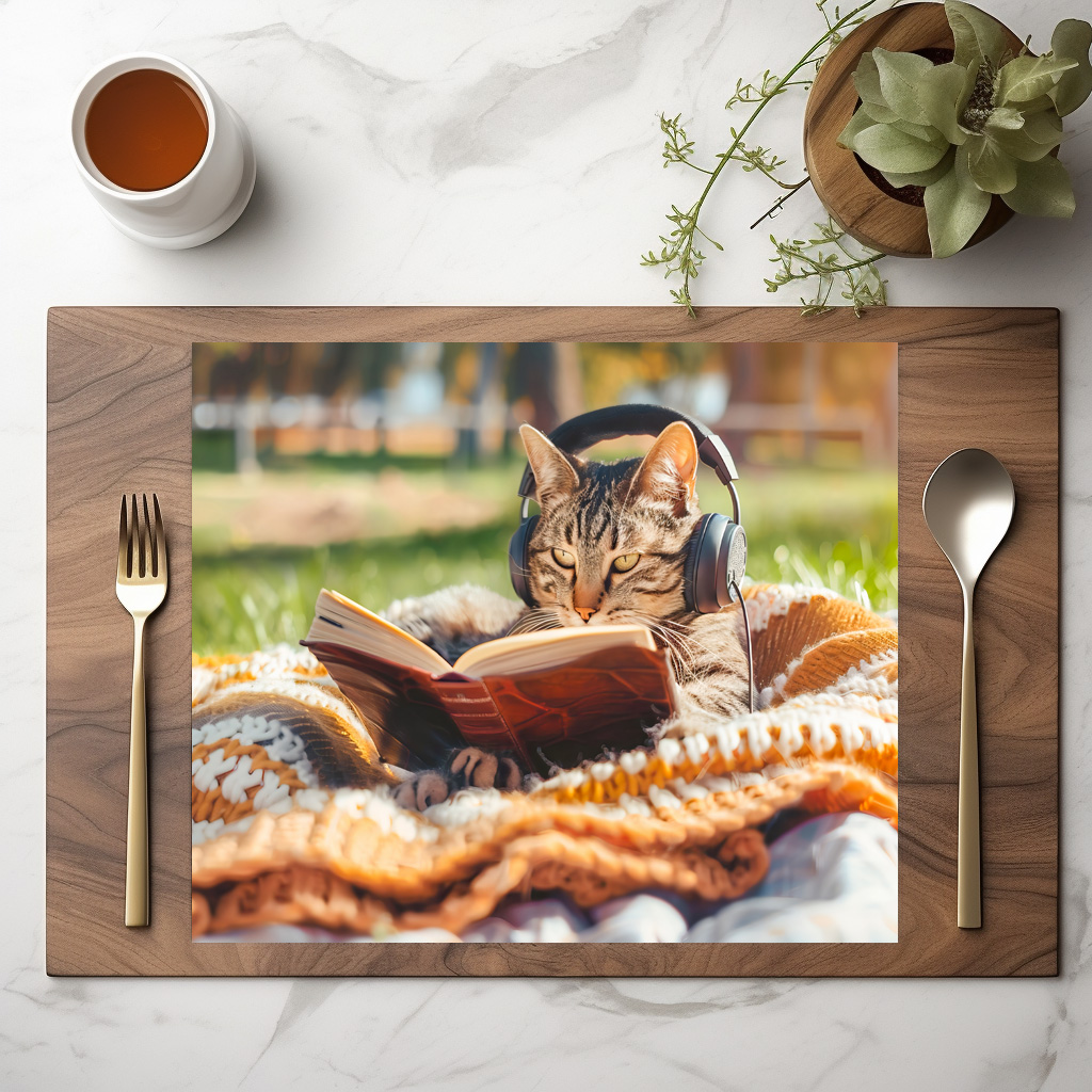 raxxa Premium-Tischset: Cat reading book on knitted blanket