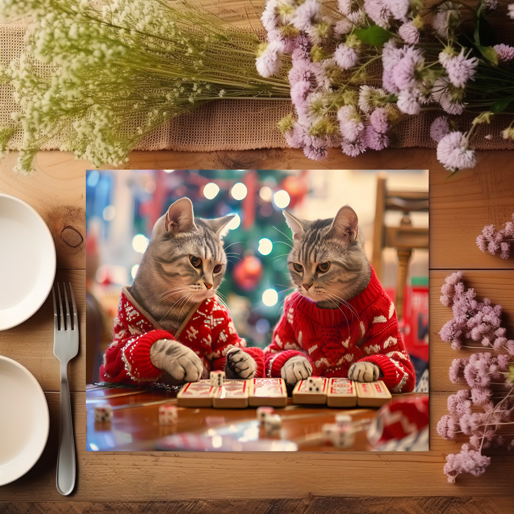 raxxa Premium-Tischset: Two cats in red sweaters with festive background