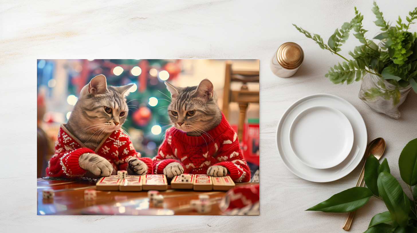 raxxa Premium-Tischset: Two cats in red sweaters with festive background – Image 2