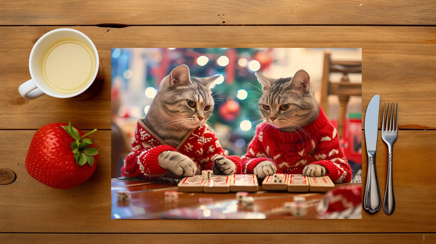 raxxa Premium-Tischset: Two cats in red sweaters with festive background – Image 3