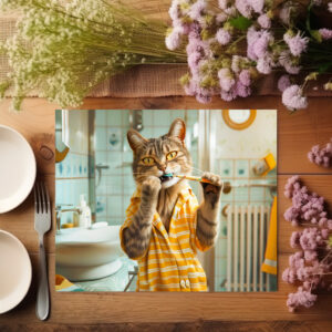 raxxa Premium-Tischset: Cat brushing teeth in striped pajamas bathroom