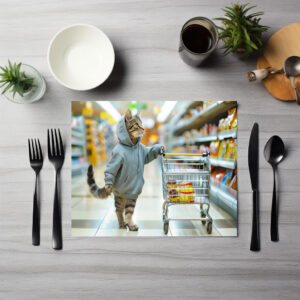 raxxa Premium-Tischset: Cat with shopping basket in supermarket aisle