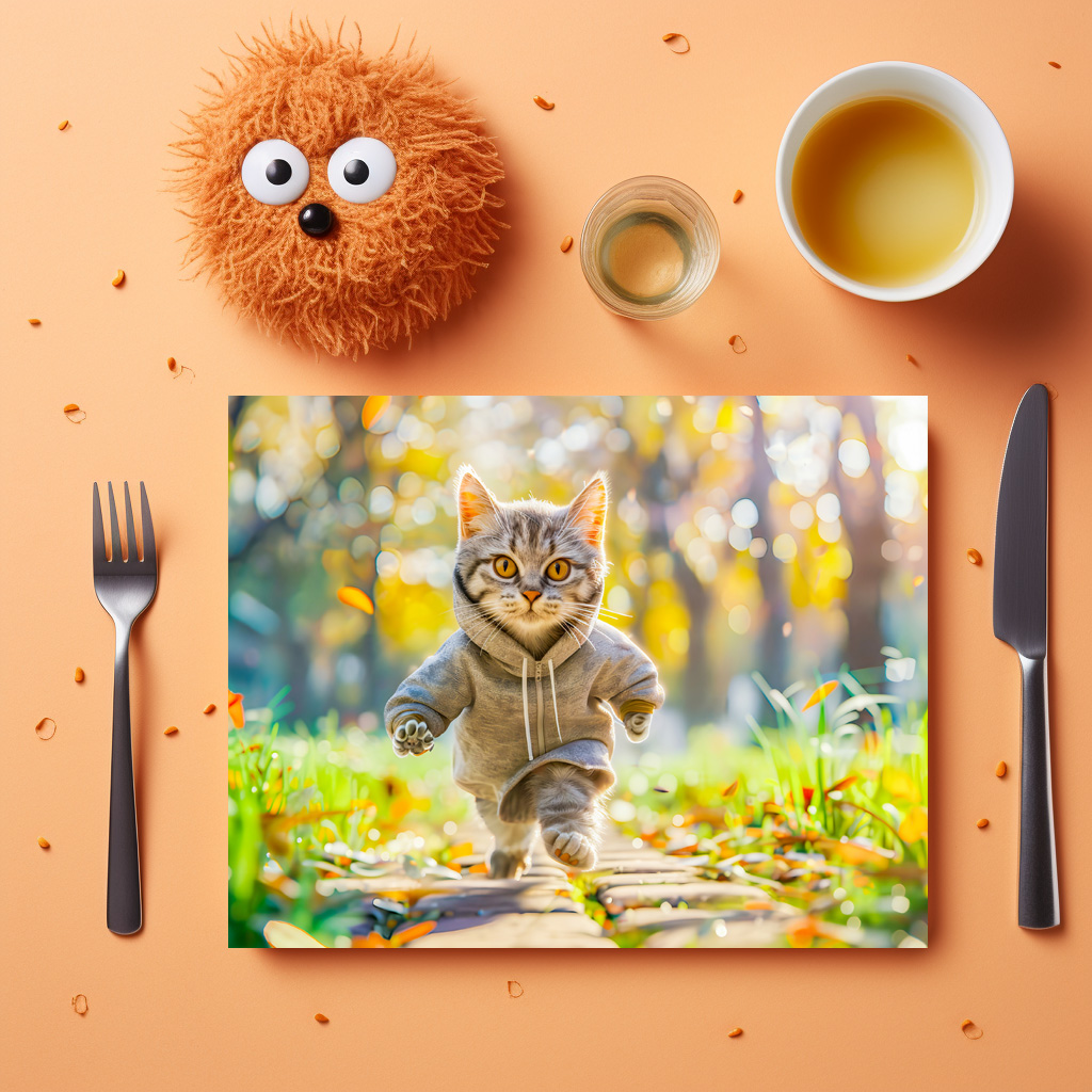 raxxa Premium-Tischset: Cat in hoodie jogging through green park – Image 3