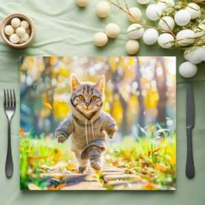 raxxa Premium-Tischset: Cat in hoodie jogging through green park